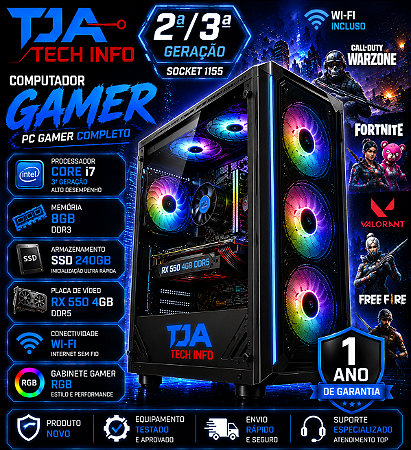Computador Gamer Intel Core i7 3ª Geração 8GB DDR3 SSD 240GB RX 550 4GB DDR5 Wi-Fi Gabinete RGB
