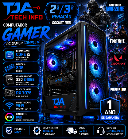 Computador Gamer Core i5 8GB DDR3 SSD 240GB RX 7076 4GB Wi-Fi