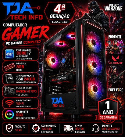 Computador Gamer Core i7 4ª Geração 8GB DDR3 SSD 240GB Radeon HD 7670 4GB Wi-Fi Gabinete RGB
