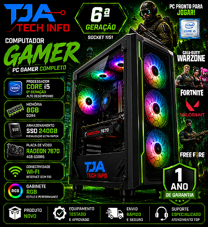 Computador Gamer i5 6ª Geração 8GB DDR4 SSD 240GB Radeon 7670 4GB RGB Wi-Fi