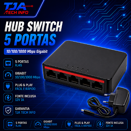 HUB Switch 5 Portas 10/100/1000 Mbps Gigabit RJ45 🖥️ | Plug & Play | Fonte 12V Inclusa ⚡