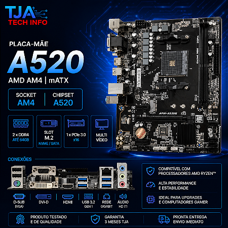 Placa Mãe A520 DDR4 AM4 mATX – HDMI DVI-D VGA M.2