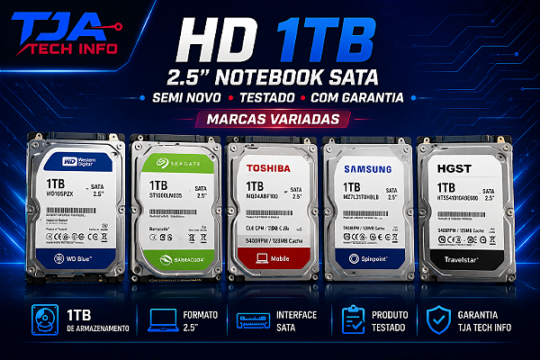 HD 1TB 2.5" Notebook SATA | Semi Novo | Marcas Variadas TJA Tech Info