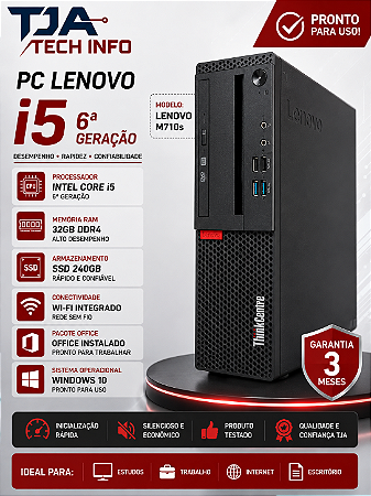 PC Lenovo ThinkCentre M710s Intel Core i5 6ª Geração 32GB DDR4 SSD 240GB Wi-Fi Office