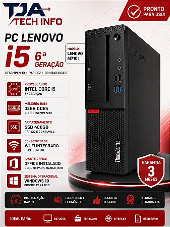 PC Lenovo ThinkCentre M710s Intel Core i5 6ª Geração 32GB DDR4 SSD 480GB Wi-Fi Office
