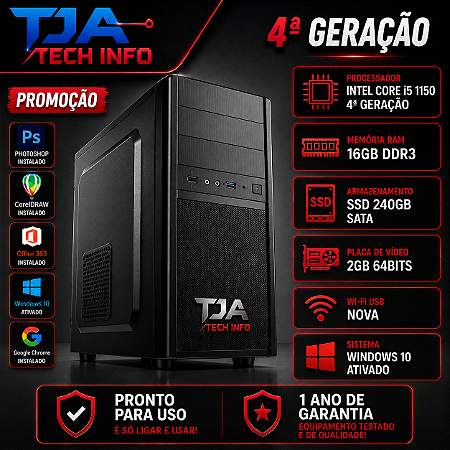 Computador CPU Gamer Intel Core i5 4ª Geração 16GB RAM SSD 240GB Placa de Vídeo 2GB Wi-Fi Windows 10