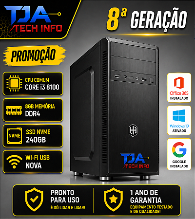 Computador Intel Core i3 8ª Geração 8GB DDR4 SSD NVMe 240GB Wi-Fi Windows 10 Pro
