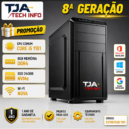 Computador Intel Core i5 8ª Geração 8GB DDR4 SSD NVMe 240GB Wi-Fi Pronto Para Uso