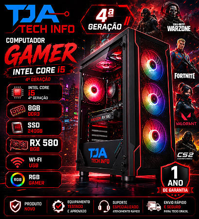 Computador Gamer Intel Core i5 4ª Geração RX 580 8GB 8GB RAM SSD 240GB RGB