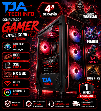 Computador Gamer Intel Core i7 4ª Geração 8GB DDR3 SSD 240GB RX 580 8GB Wi-Fi Gabinete RGB