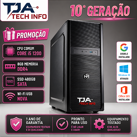 Computador Intel Core i5 10ª Geração 8GB DDR4 SSD 480GB Wi-Fi USB Windows 10
