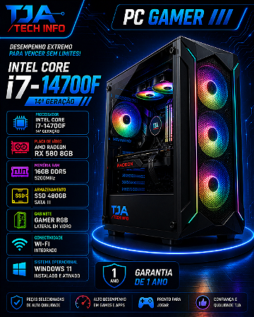 PC Gamer Intel Core i7-14700F | RX 580 8GB | 16GB DDR5 | SSD 480GB | Gabinete Gamer RGB | 1 Ano Garantia | TJA Tech Info