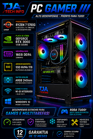 PC Gamer Ryzen 7 5700G | RTX 3060 12GB | 16GB RAM | SSD 1TB | Water Cooler ARGB 240mm