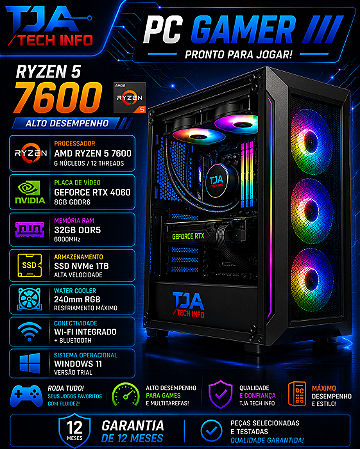 PC Gamer Ryzen 5 7600 | RTX 4060 | 32GB RAM | SSD 1TB | Water Cooler | Pronto para Jogar