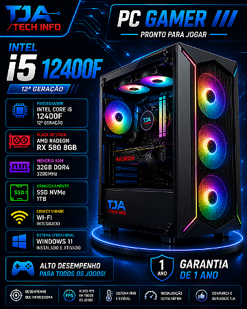 PC Gamer Intel i5 12400F | RX 580 8GB | 32GB DDR4 | SSD NVMe 1TB | Wi-Fi | Pronto para Jogar – TJA Tech Info
