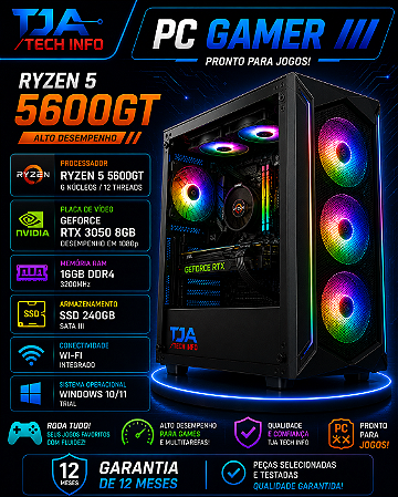 PC Gamer Ryzen 5 5600GT | RTX 3050 8GB | 16GB RAM | SSD 240GB | Pronto para Jogos