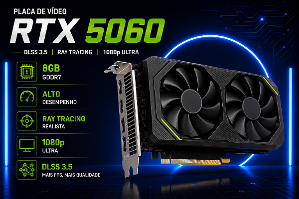 Placa de Vídeo RTX 5060 8GB GDDR7 – DLSS 3.5 – Ray Tracing – 1080p Ultra