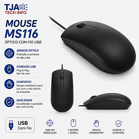 Mouse Dell MS116 Óptico com Fio USB 1000 DPI – Original