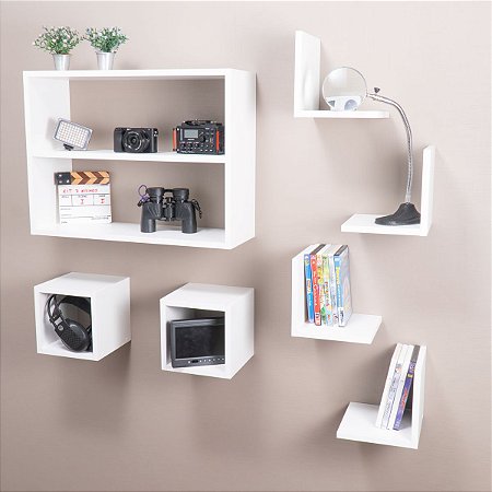 Conjunto Kit 7 Peças Nicho Cubo Prateleiras L em Mdf Branco com Suporte Cantoneira