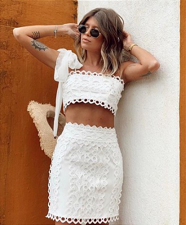 CONJUNTO SAIA E CROPPED RENDA