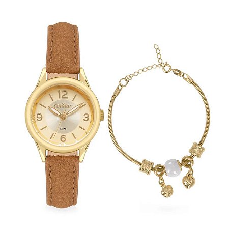 Relogio Feminino Condor Dourado Pequeno + Pulseira Berloques
