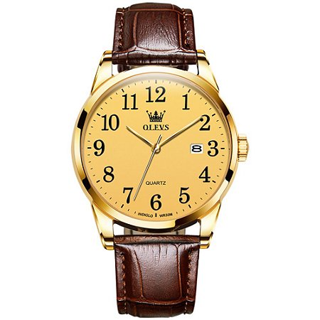 Relógio Masculino Casual Dourado Olevs Pulseira De Couro