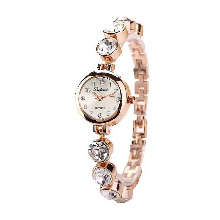 Relógio Feminino Dourado De Pulso Quartz Pulseira Com Pedras
