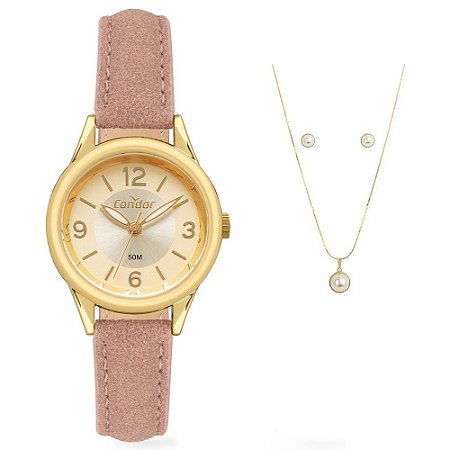 Relógio Feminino Condor Dourado Pequeno Kit Colar E Brincos