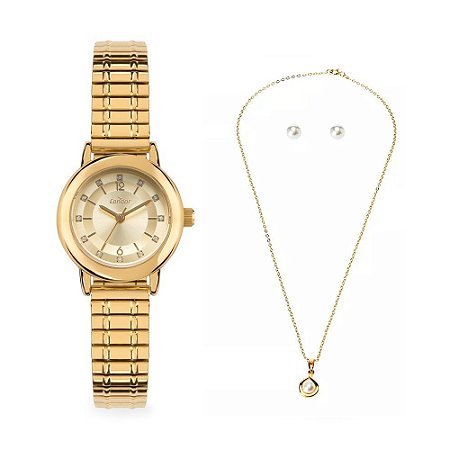 Relógio Feminino Condor Dourado Pequeno Kit Colar E Brincos