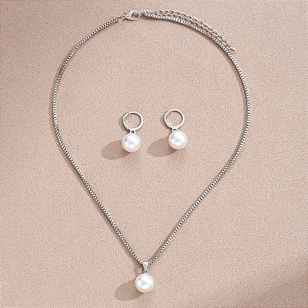 Colar E Brincos Femininos Conjunto Pérola Folheado A Prata