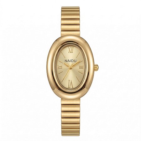 Relógio Feminino Dourado Analógico Oval Mini Social Aço Inox