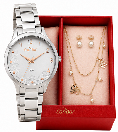 Relógio Condor Luxo Feminino Prata Rose Kit Colar Borboletas