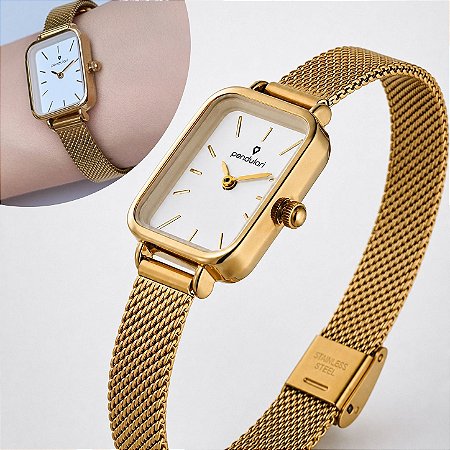Relógio Feminino Dourado Pendulari Aura Quadrado