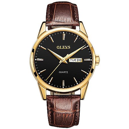Relógio Masculino Casual Olevs Dourado Pulseira De Couro