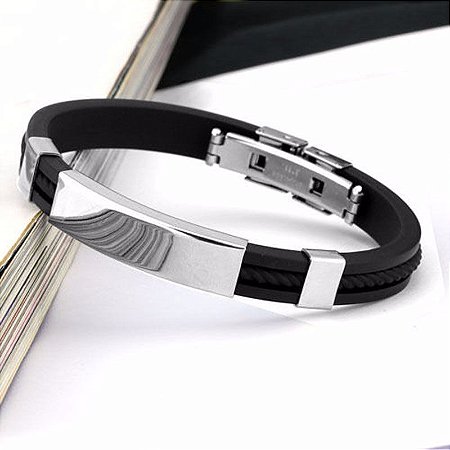 Pulseira Masculina Preta Em Silicone Couro E Aço Inoxidável