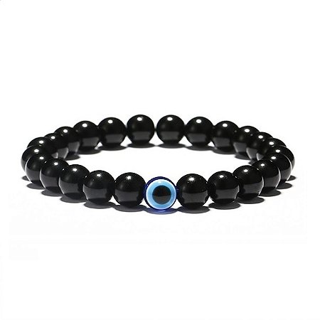 Pulseira Masculina De Bolinha Olho Grego Azul E Preta 8mm
