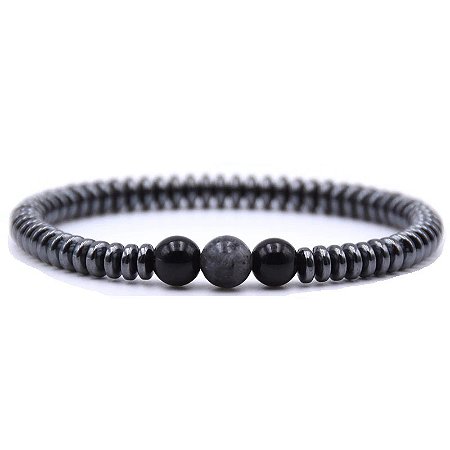 Pulseira Masculina Esferas Com Pedras Hematita Cinza E Preta