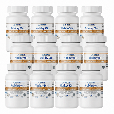 COMBO 12 UNIDADES VITALIDAY 50 + CÁLCIO Á BASE DE ALGA LITHOTHAMNIUM 90 CAPSULAS - ALAVITAL