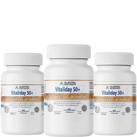 COMBO 3 UNIDADES VITALIDAY 50 + CÁLCIO Á BASE DE ALGA LITHOTHAMNIUM 90 CAPSULAS - ALAVITAL