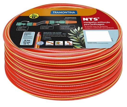 Mangueira NTS® 1/2" Tramontina Antitorção Vermelha em PVC 5 Camadas 15 m com Engates Rápidos e Esguicho
