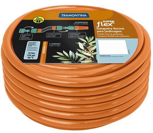 Mangueira Super Flex 1/2" Tramontina Laranja em PVC 3 Camadas 10 m com Engates Rápidos e Esguicho