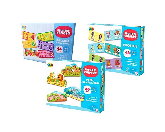Kit com 3 Jogos Educativos Família, Opostos e Números 136 Peças
