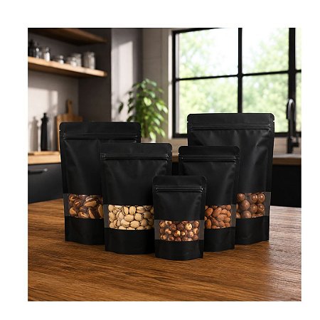 Saco Zip Lock Kraft Preto Stand Up Pouch C/ Visor 12x20 - 50un