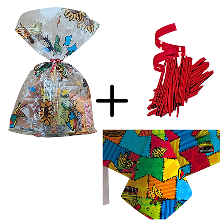 kit Toalha de Mesa Mais  Saco Decorado Festa Junina Plastico PP Mais Fecho Metalizado
