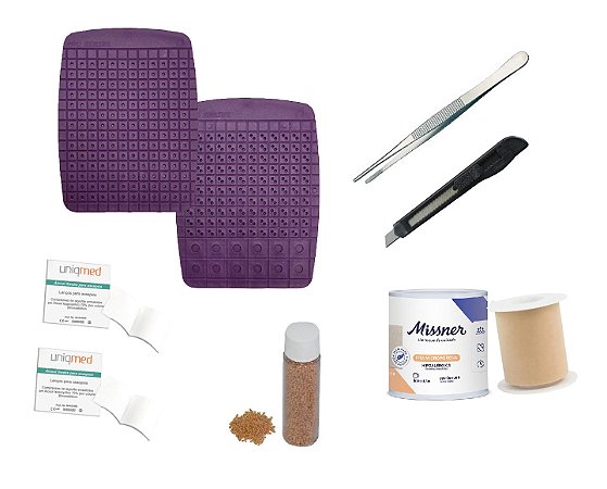 Mini Kit 6 - Pinça, Semente, Fita adesiva, Placa para montar semente, Alcool e Estilete - Para Auriculoterapia