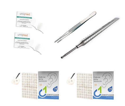 Mini Kit 8 - Pinça, Apalpador, Alcool e Placa pronta PONTO DUPLO - Para Auriculoterapia