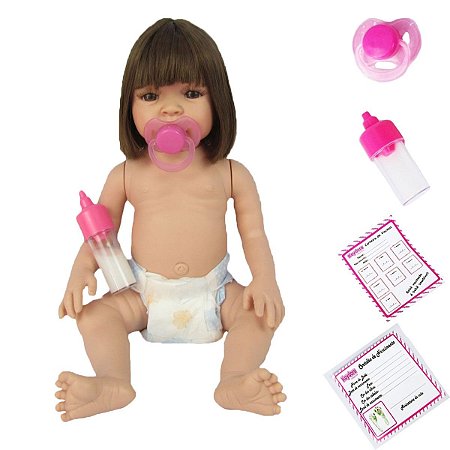 Boneca Reborn Realista Corpo Todo Em Vinil Cabelo Castanho Liso