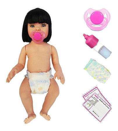 Boneca Reborn Realista Corpo Vinil Cabelo Preto