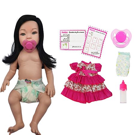 Boneca Bebê Reborn Vinil Siliconada Moreno Cabelo Longo