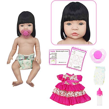 Boneca Bebê Reborn Corpo Todo Vinil Morena Com Acessórios